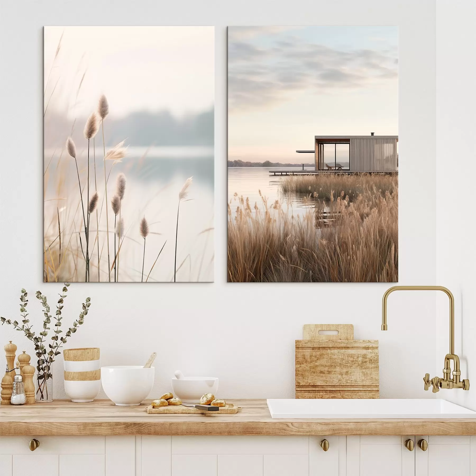 murales de pared Cañas suaves junto a un lago tranquilo y una cabaña moderna en la orilla m00970