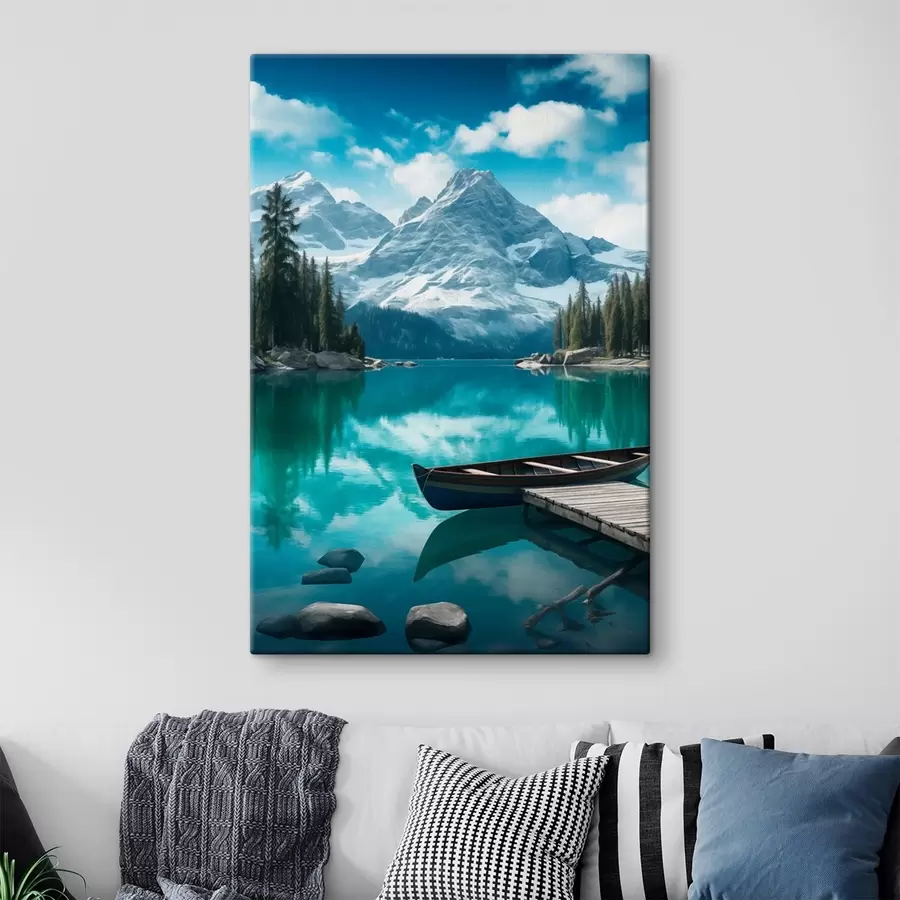 murales de pared Lago alpino con canoa y picos nevados s46481