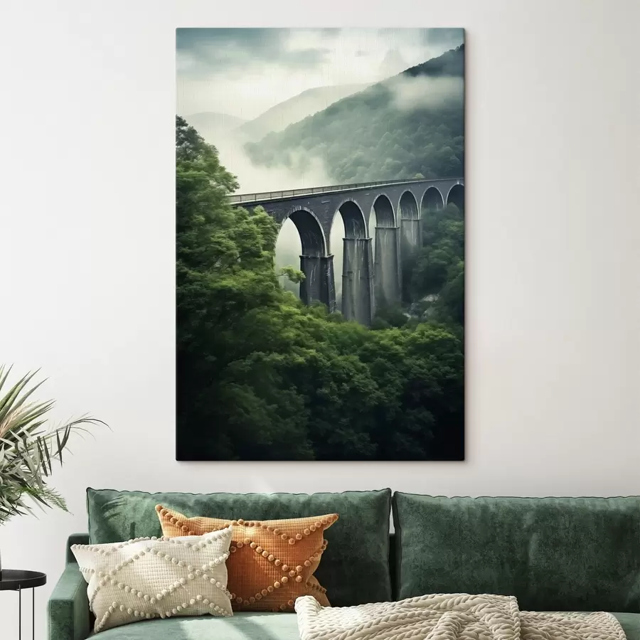 murales de pared Viaducto de piedra sobre un valle boscoso y brumoso s46483