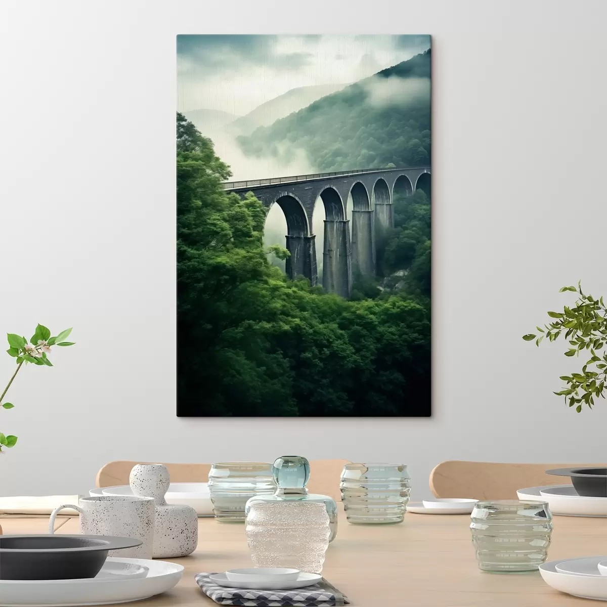 murales de pared Viaducto de piedra sobre un valle boscoso y brumoso s46483