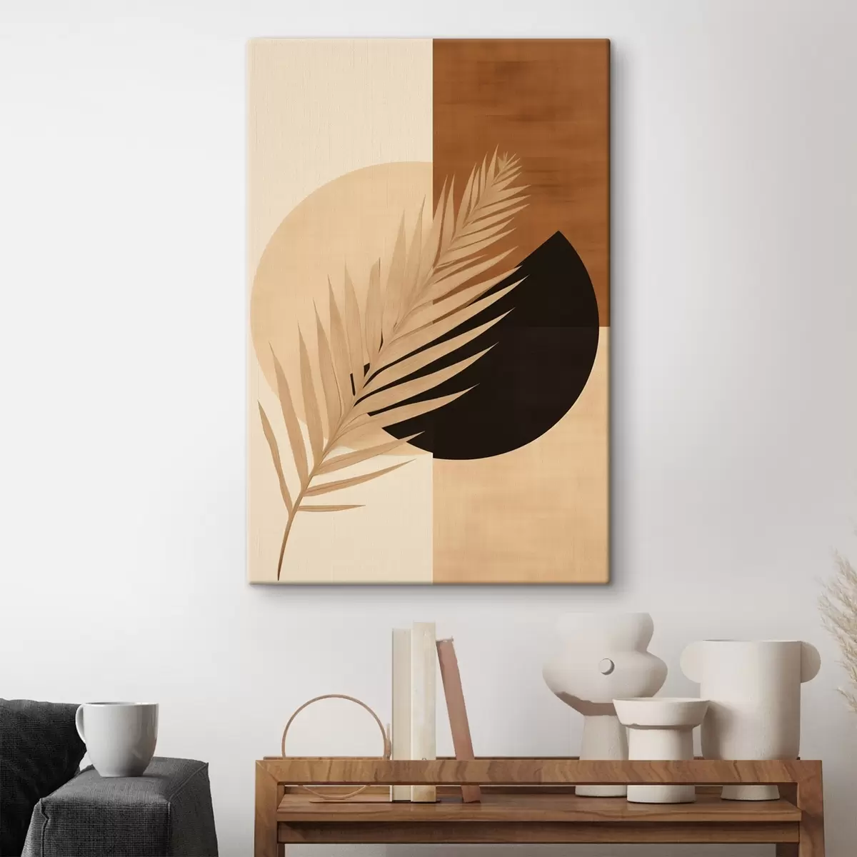 murales de pared Hoja de palmera sobre geometría en terracota y crema s46490