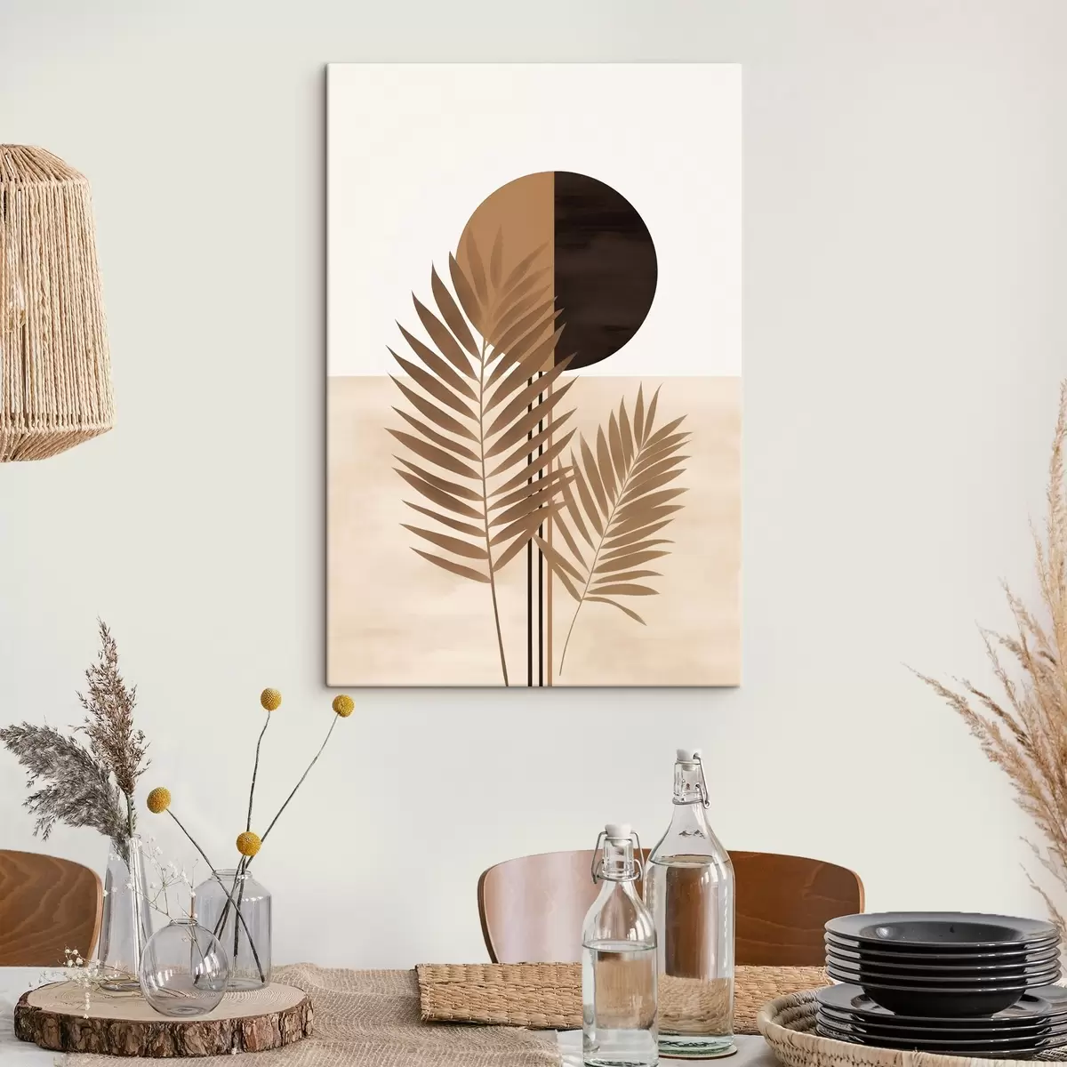 murales de pared Dos hojas de palmera con motivo de sol con círculo dividido s46491