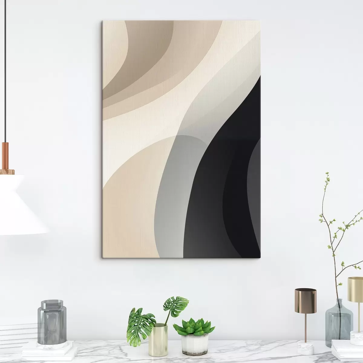 murales de pared Formas orgánicas onduladas en tonos beige cálido y carbón. s46494