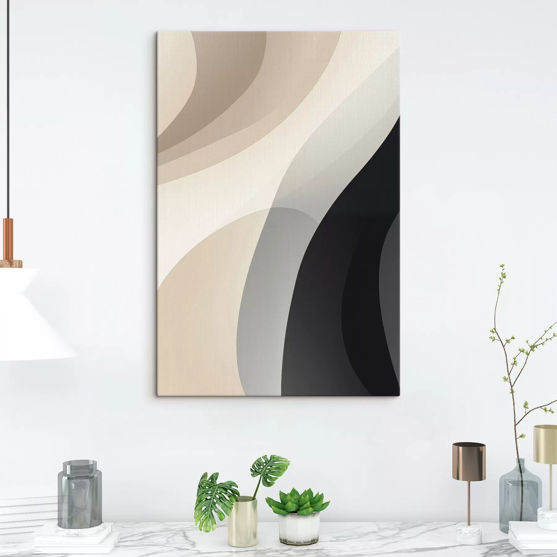 murales de pared Formas orgánicas onduladas en tonos beige cálido y carbón. s46494