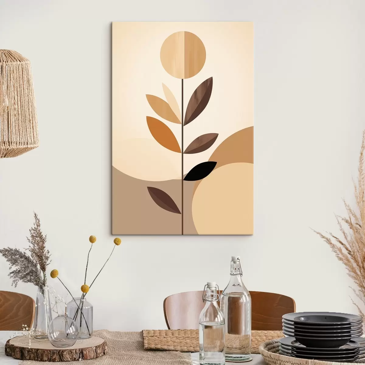 murales de pared Flor estilizada con hojas geométricas en tonos cálidos. s46500