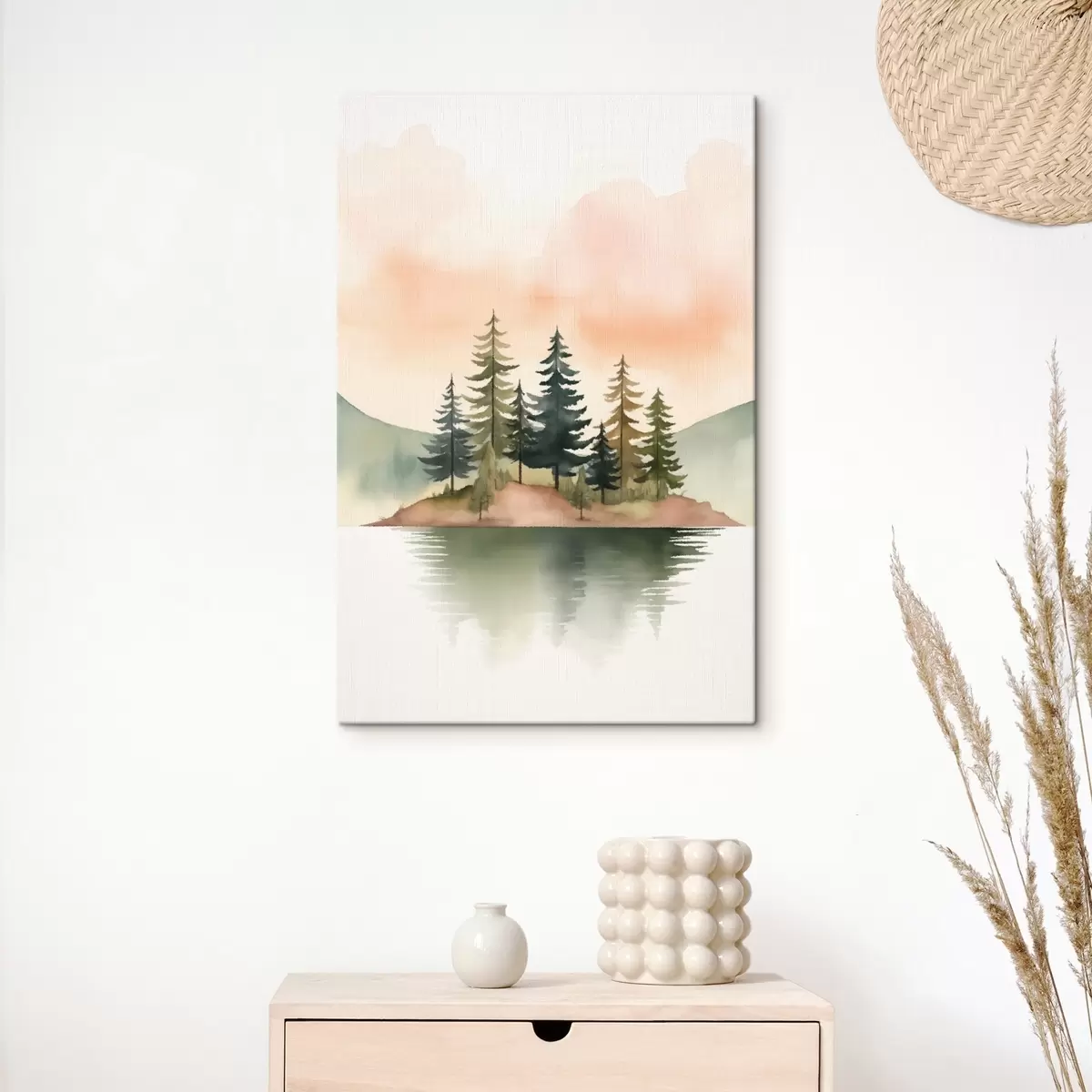 murales de pared Pinos acuarelados en un islote brumoso, cielo suave color melocotón. s46505