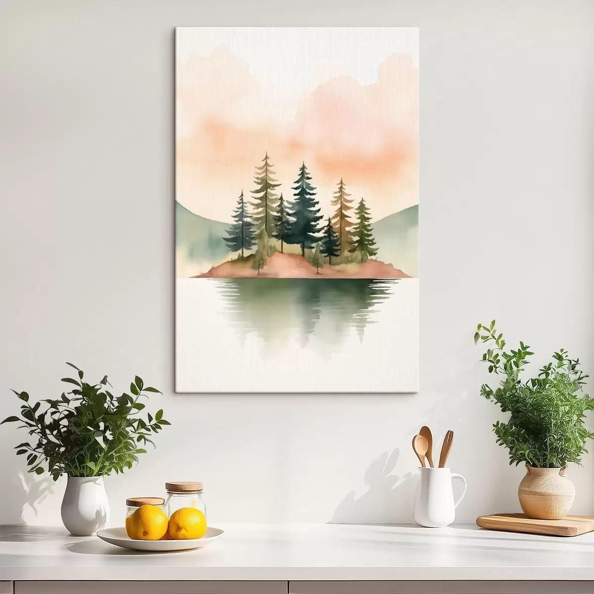 murales de pared Pinos acuarelados en un islote brumoso, cielo suave color melocotón. s46505