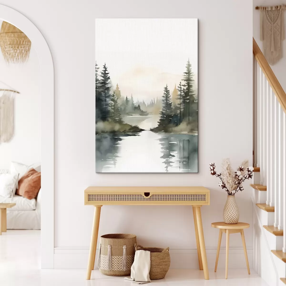 murales de pared Bosque brumoso de coníferas sobre un río tranquilo, estilo acuarela. s46507