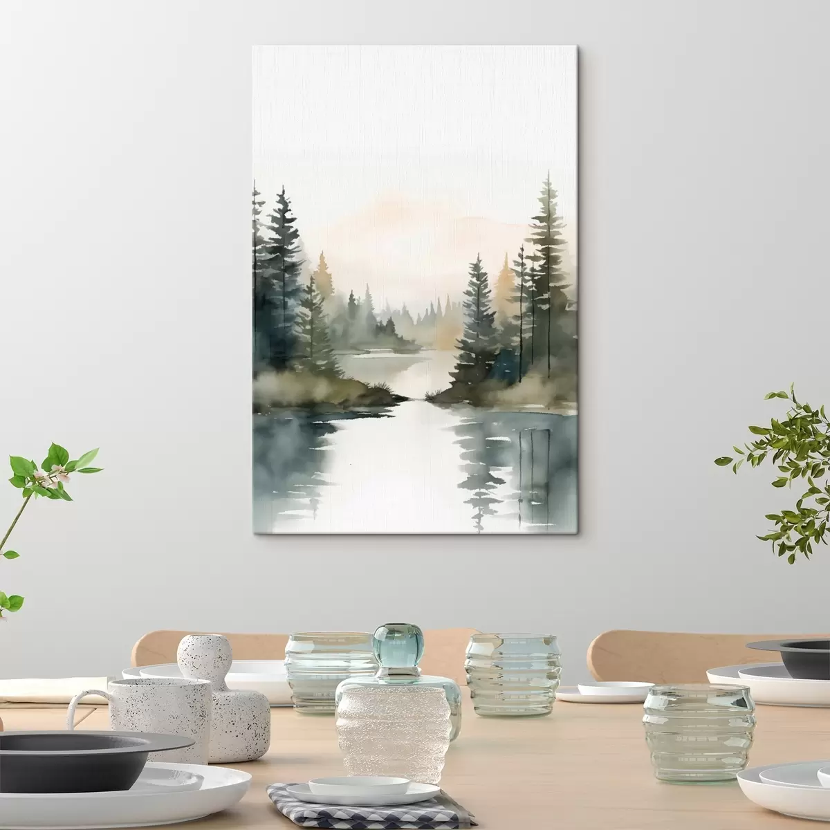 murales de pared Bosque brumoso de coníferas sobre un río tranquilo, estilo acuarela. s46507