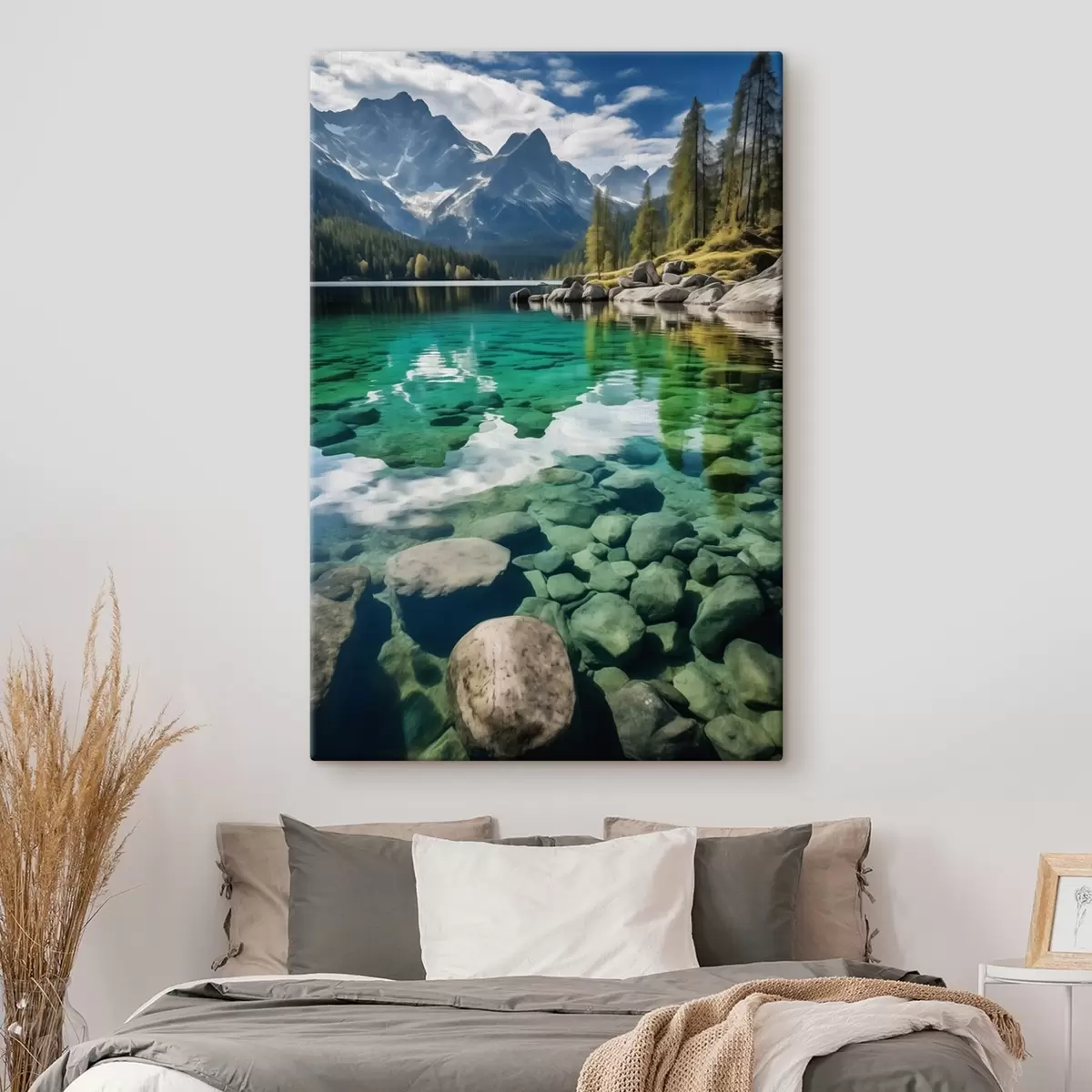 murales de pared Lago alpino esmeralda con rocas en el fondo y picos imponentes. s46515