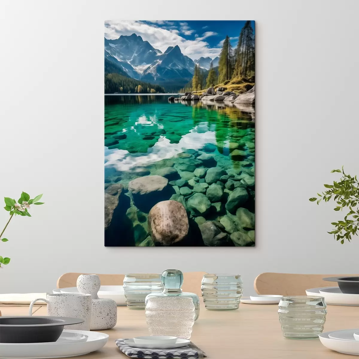 murales de pared Lago alpino esmeralda con rocas en el fondo y picos imponentes. s46515