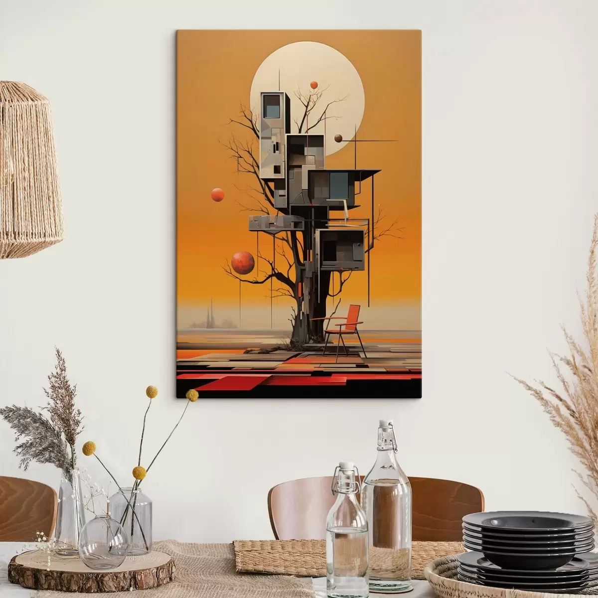 murales de pared Casa del árbol surrealista sobre un fondo naranja s46526