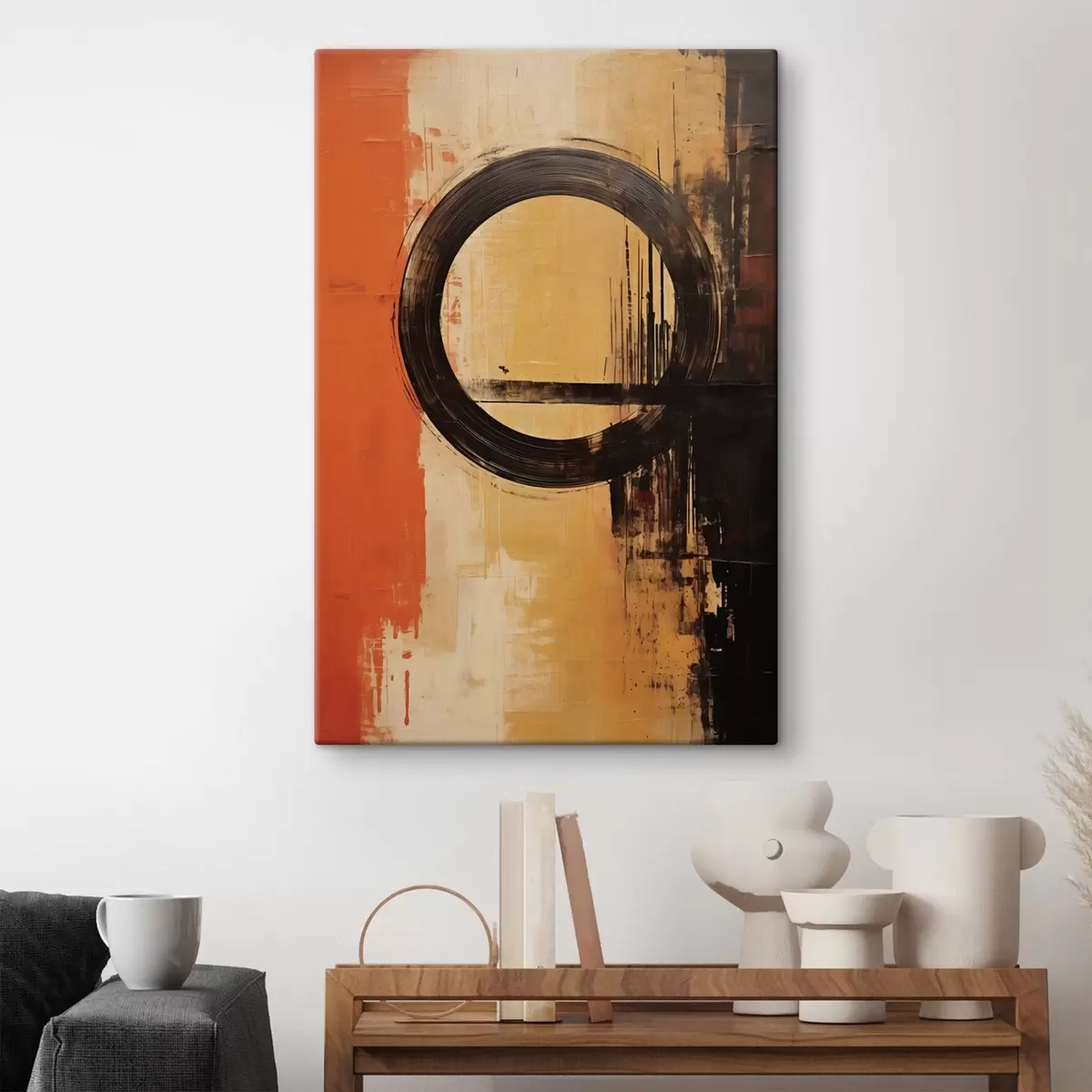 murales de pared Resumen con un anillo negro sobre fondo terracota-arena. s46529