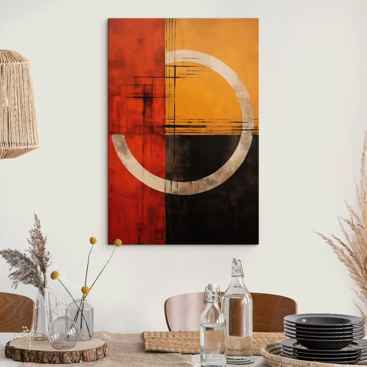 murales de pared Círculo abstracto sobre fondo rojo y negro con líneas. s46535