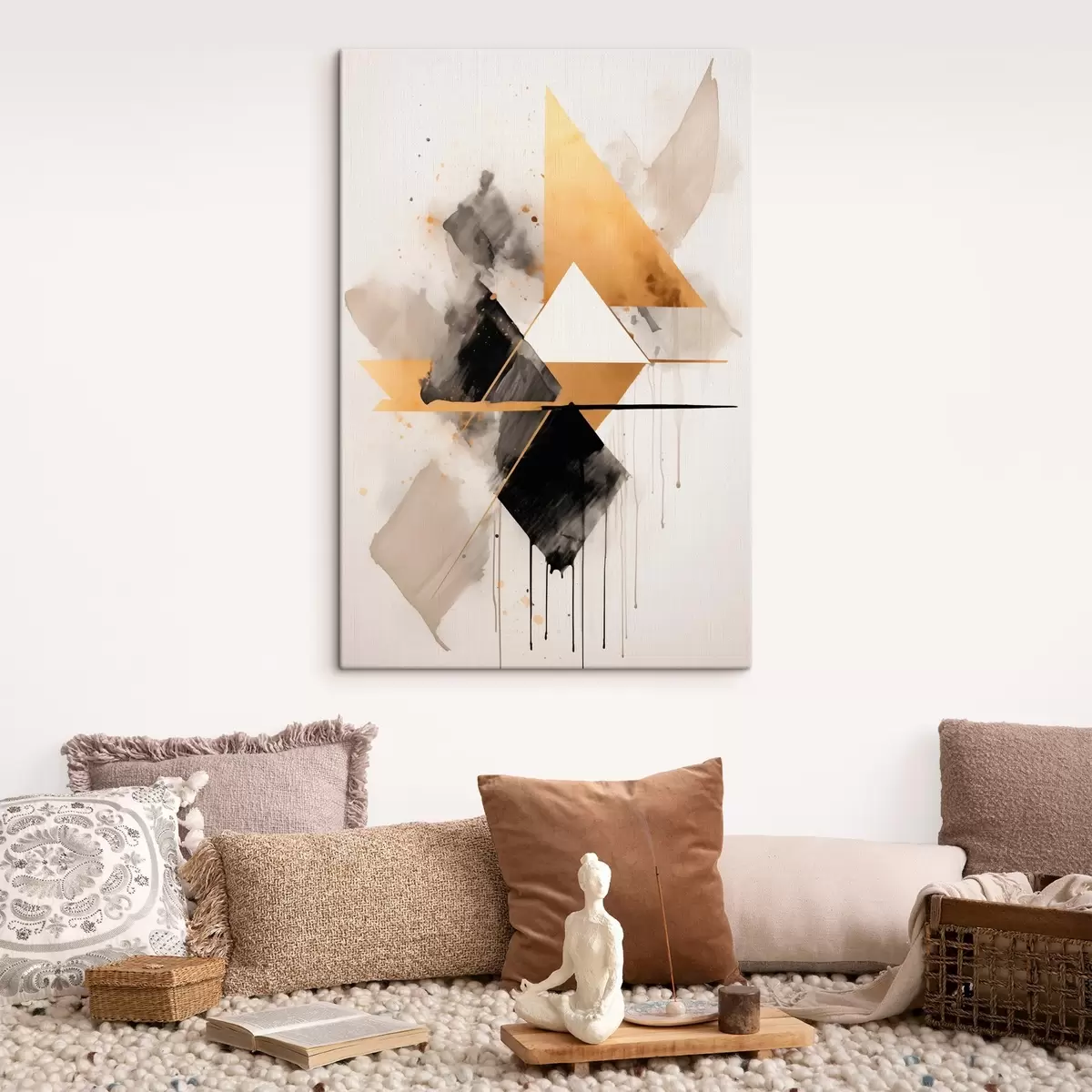 murales de pared Geometría con triángulos y un rombo negro, trazos beige. s46539