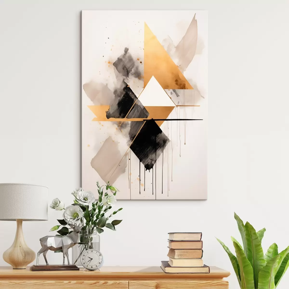 murales de pared Geometría con triángulos y un rombo negro, trazos beige. s46539