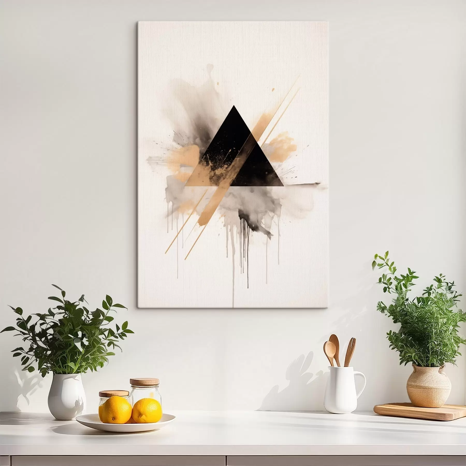 murales de pared Geometría: triángulo negro con salpicaduras y líneas claras s46540