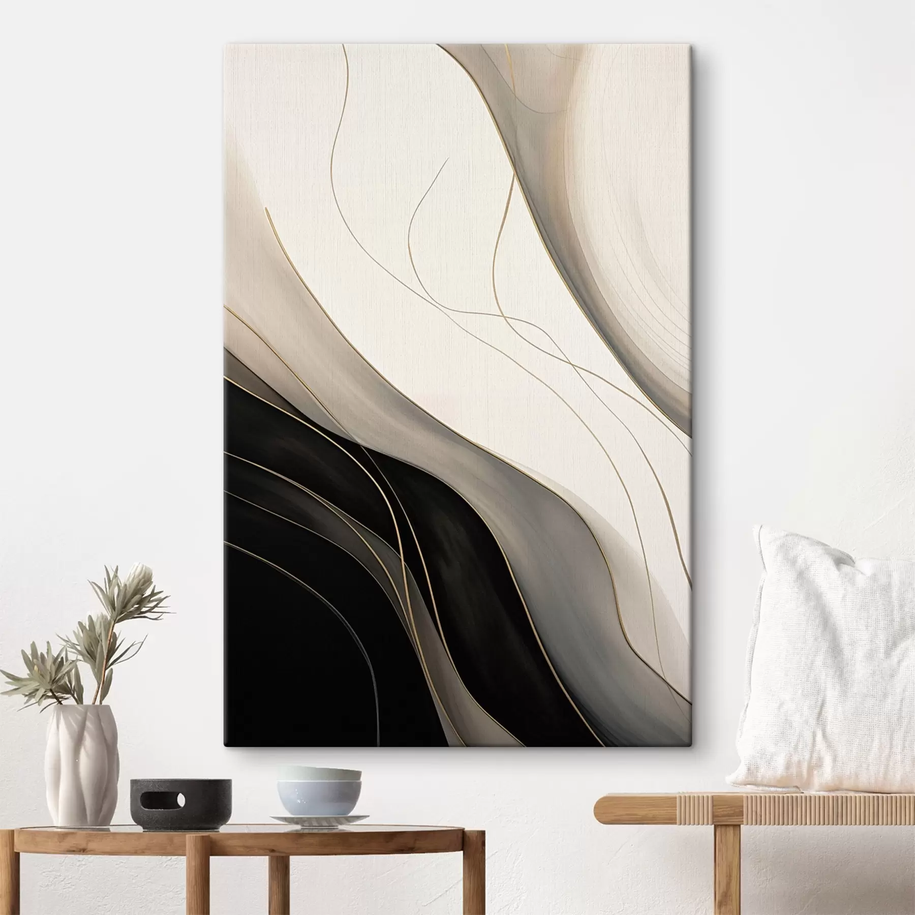 murales de pared Ondas en negro y beige con finas líneas ocres s46541