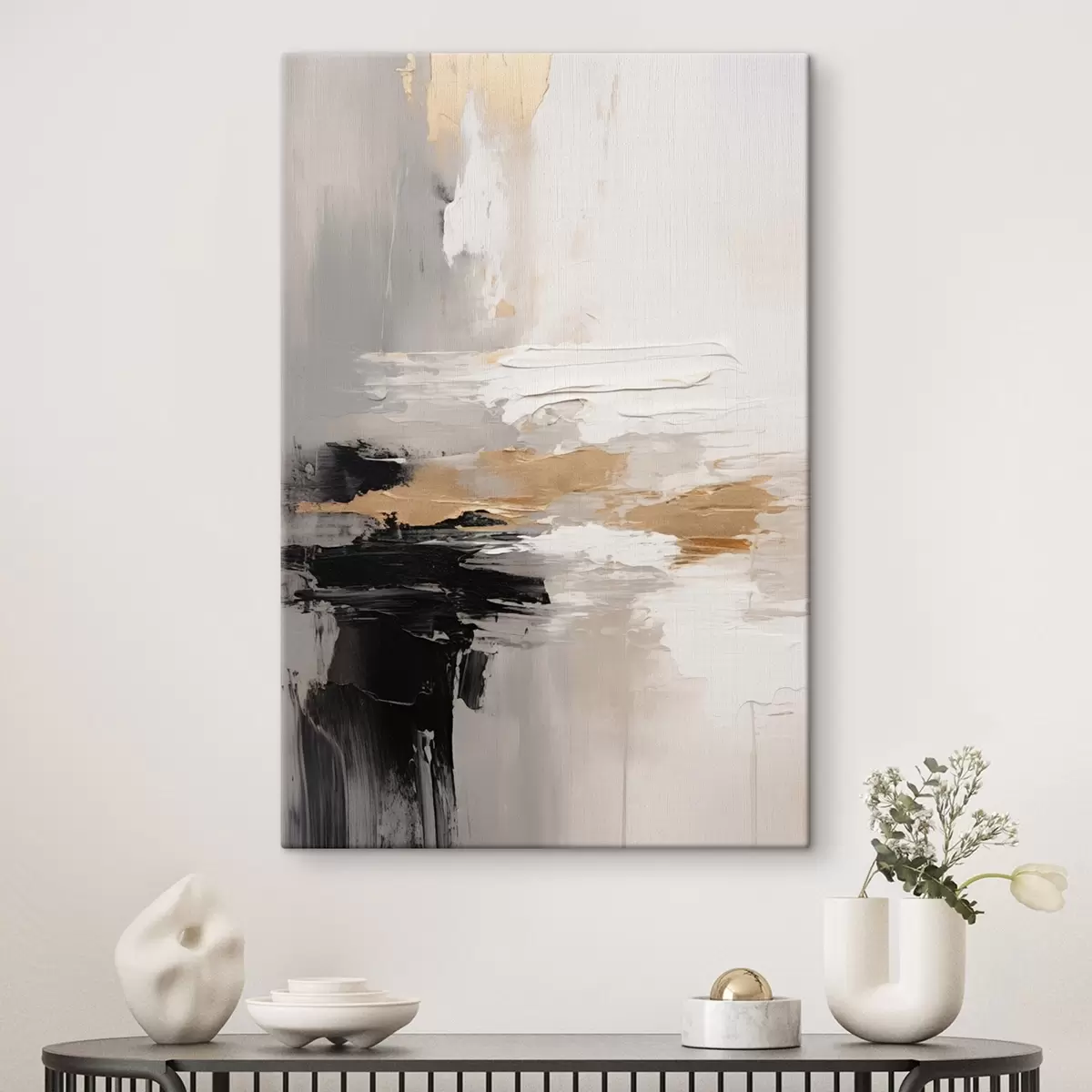 murales de pared Pinceladas en tonos nude con capas contrastantes en negro y ocre. s46544