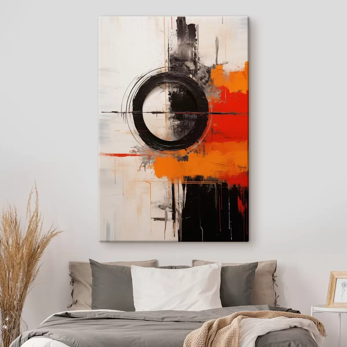 murales de pared Círculo negro sobre fondo blanco, trazos y salpicaduras naranjas. s46549