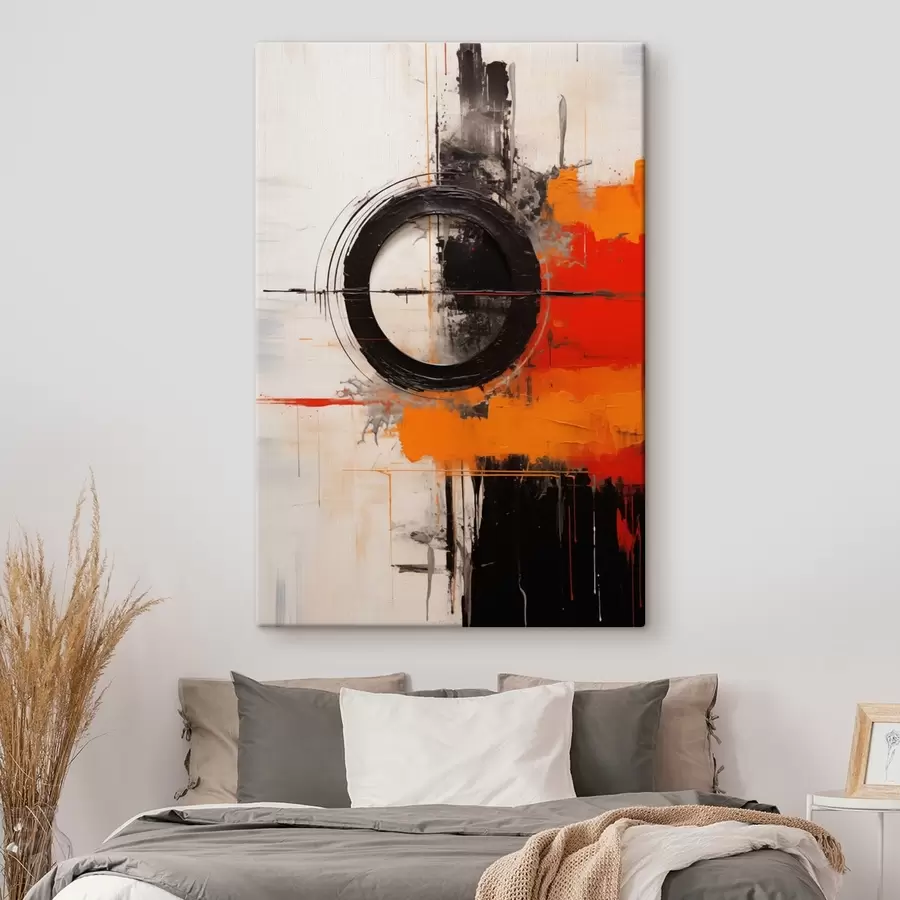 murales de pared Círculo negro sobre fondo blanco, trazos y salpicaduras naranjas. s46549