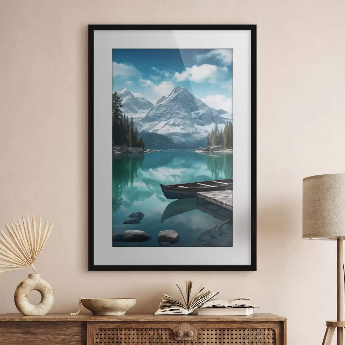 Poster Lago alpino con canoa y picos nevados f46481