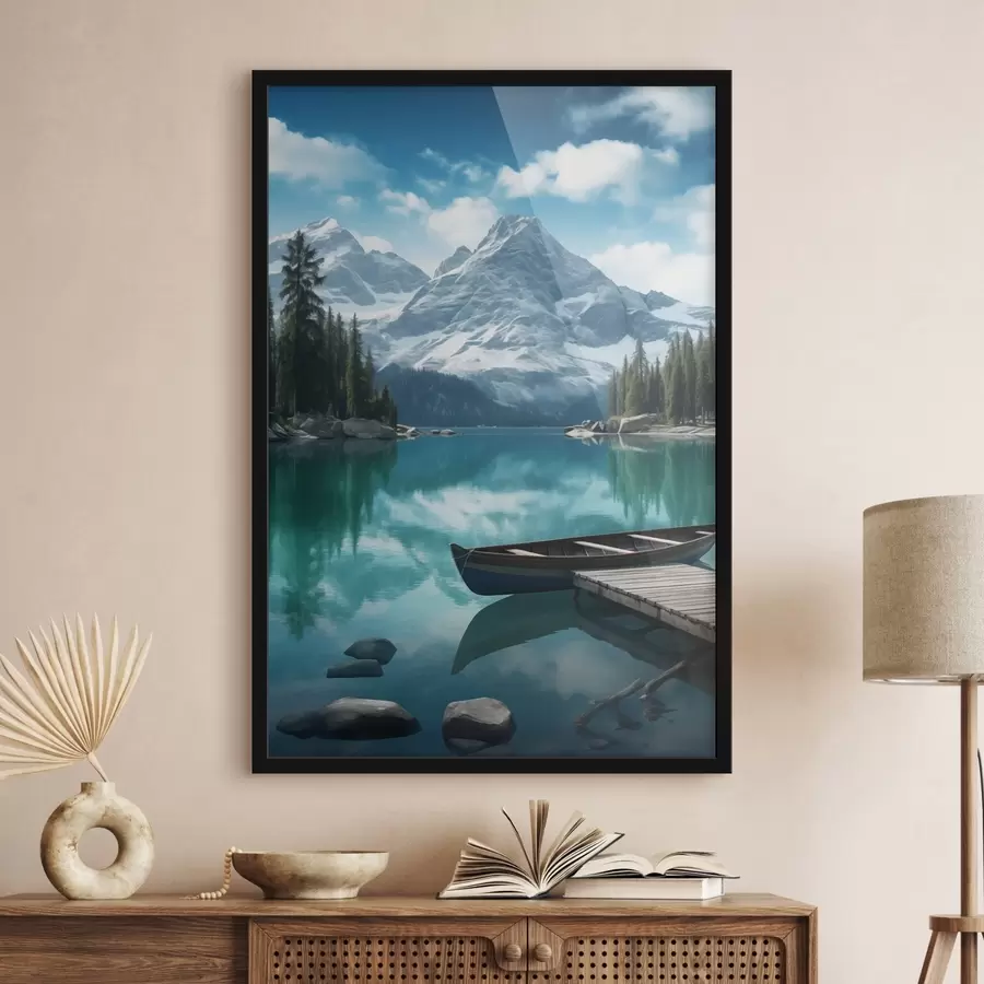 murales de pared Lago alpino con canoa y picos nevados f46481