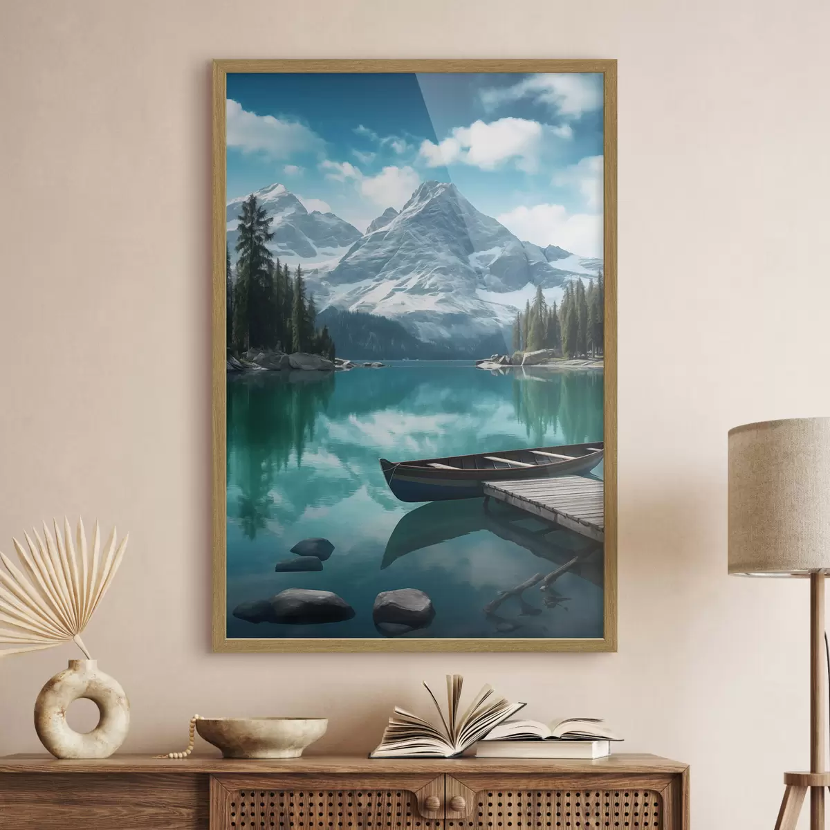 Poster Lago alpino con canoa y picos nevados f46481