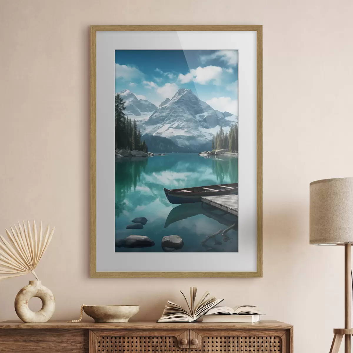 Poster Lago alpino con canoa y picos nevados f46481