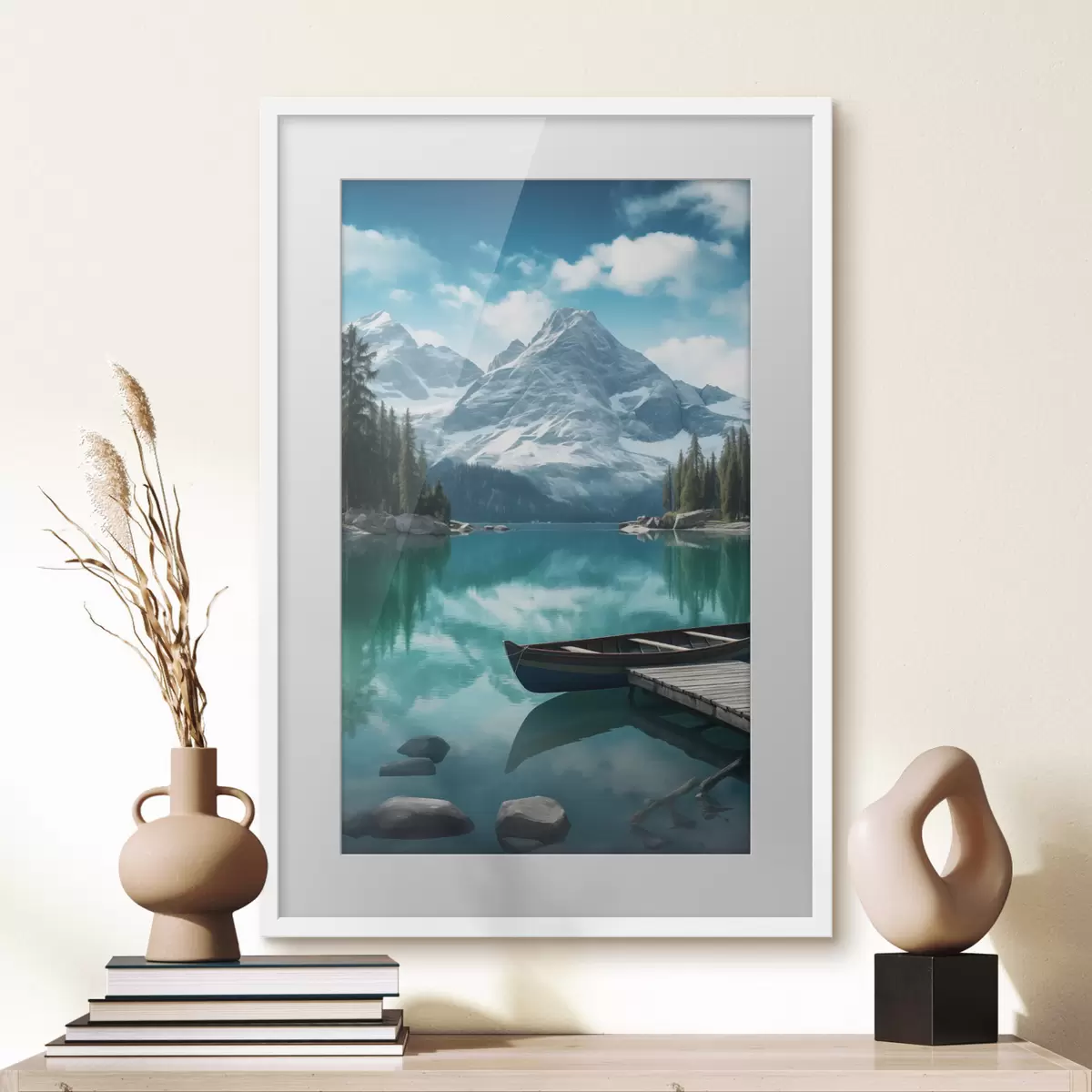 Poster Lago alpino con canoa y picos nevados f46481