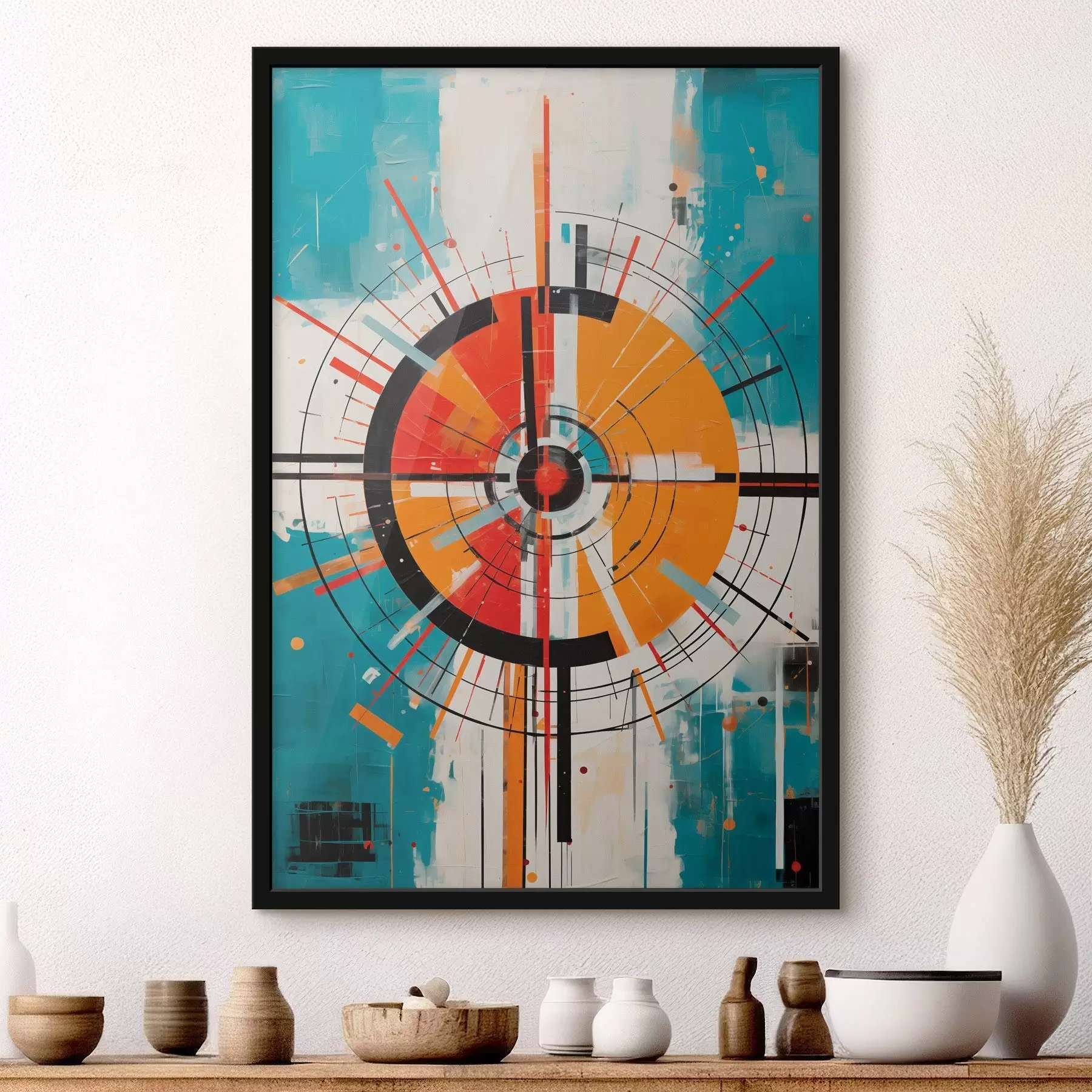 murales de pared Blanco concéntrico con segmentos verde azulado y naranja. f46486