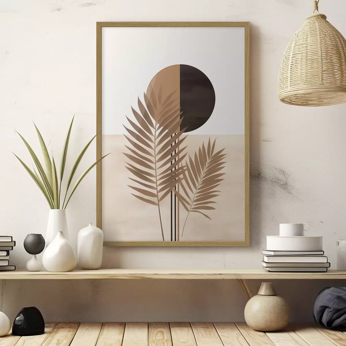 Poster Dos hojas de palmera con motivo de sol con círculo dividido f46491