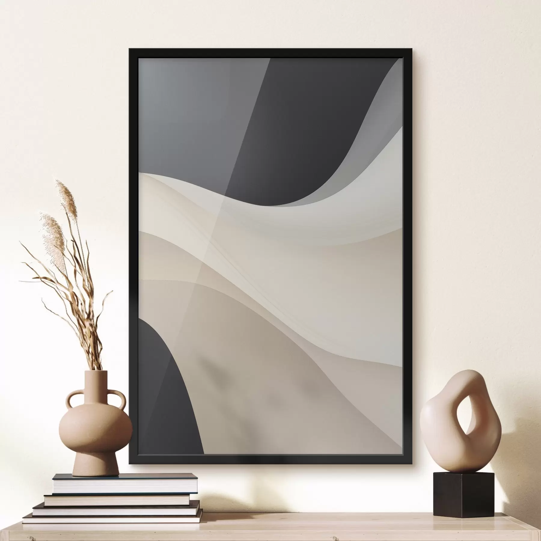 murales de pared Curvas fluidas en capas en negro, crema y gris pardo f46492