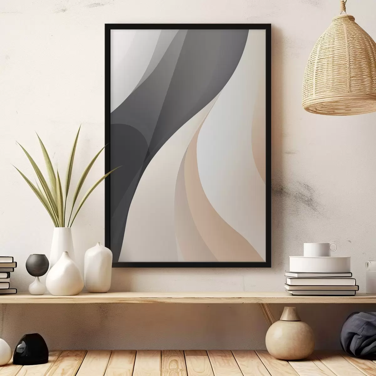 Poster Curvas elegantes y superpuestas en tonos carbón, marfil y arena. f46493