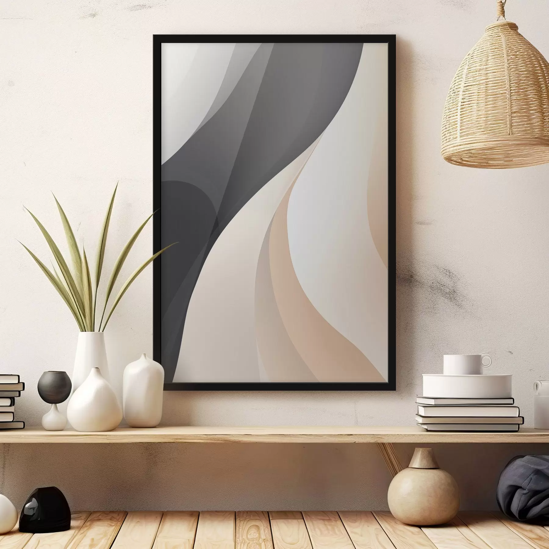 murales de pared Curvas elegantes y superpuestas en tonos carbón, marfil y arena. f46493