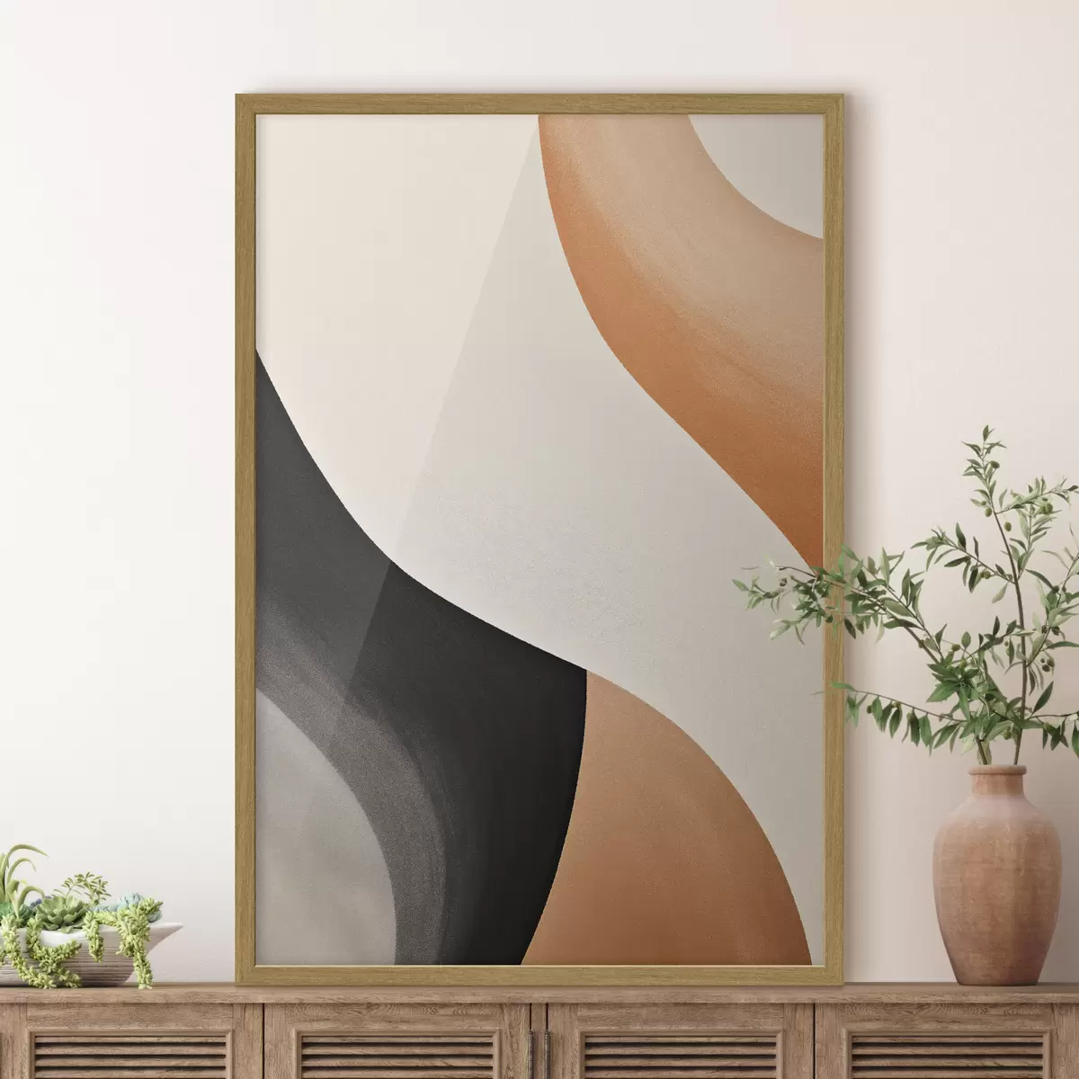 Poster Curva en S llamativa en color crema, negro y detalles en terracota f46495