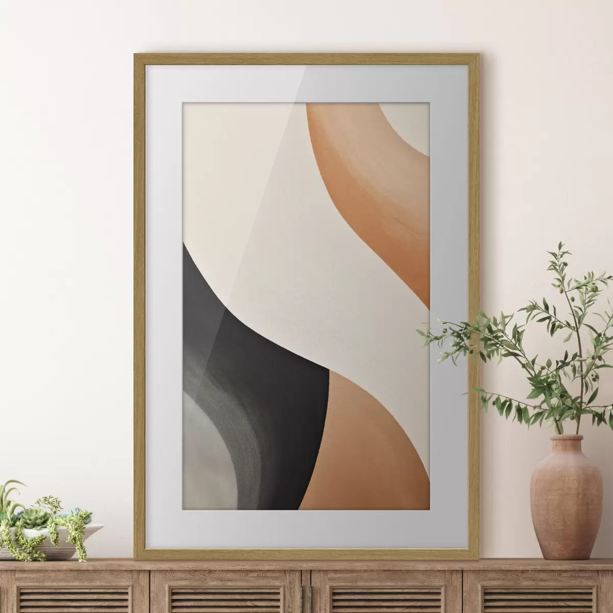 Poster Curva en S llamativa en color crema, negro y detalles en terracota f46495