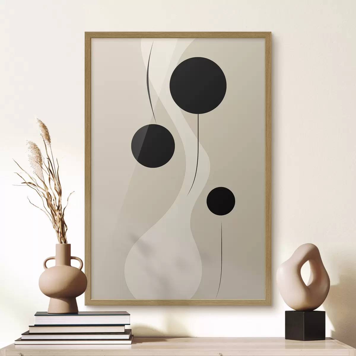 Poster Círculos mínimos sobre fondo beige con acentos de líneas fluidas f46496