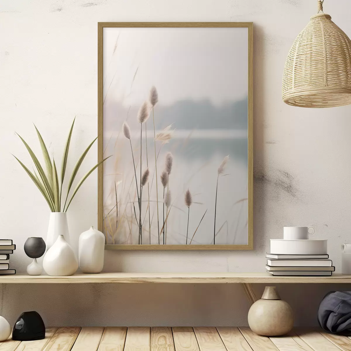Poster Cañas suaves junto a la orilla brumosa de un lago, tonos beige pastel f46504