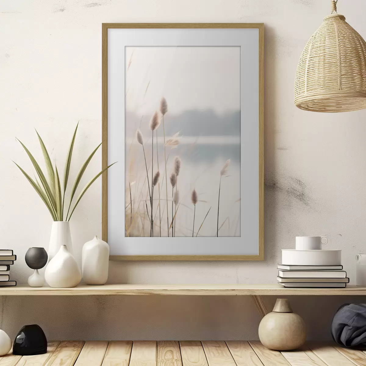 Poster Cañas suaves junto a la orilla brumosa de un lago, tonos beige pastel f46504