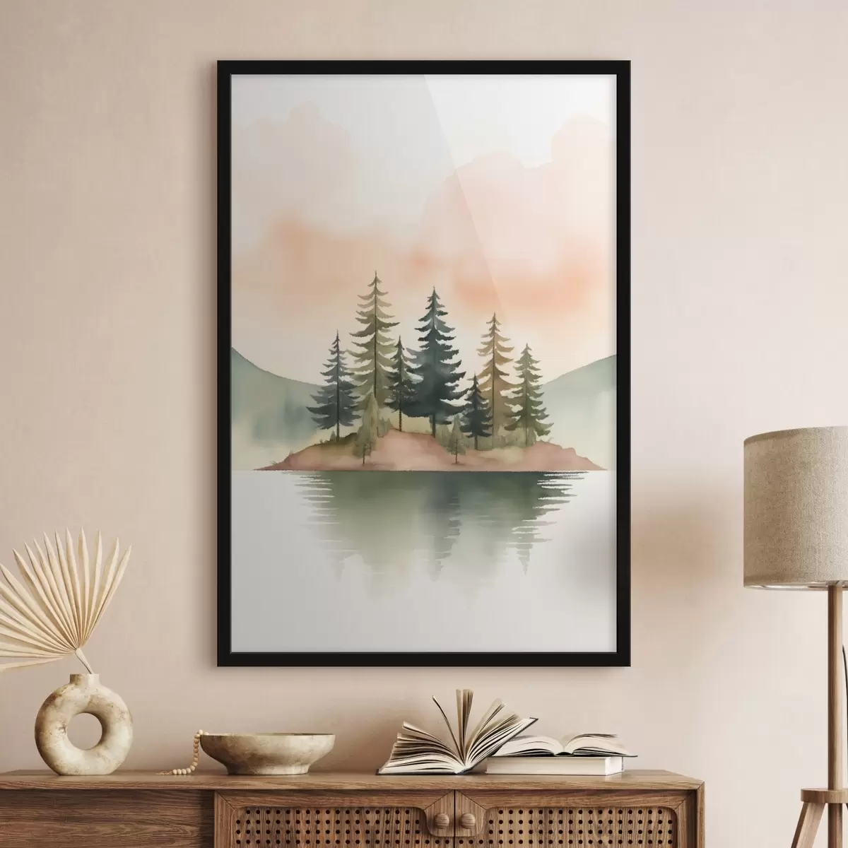 Poster Pinos acuarelados en un islote brumoso, cielo suave color melocotón. f46505