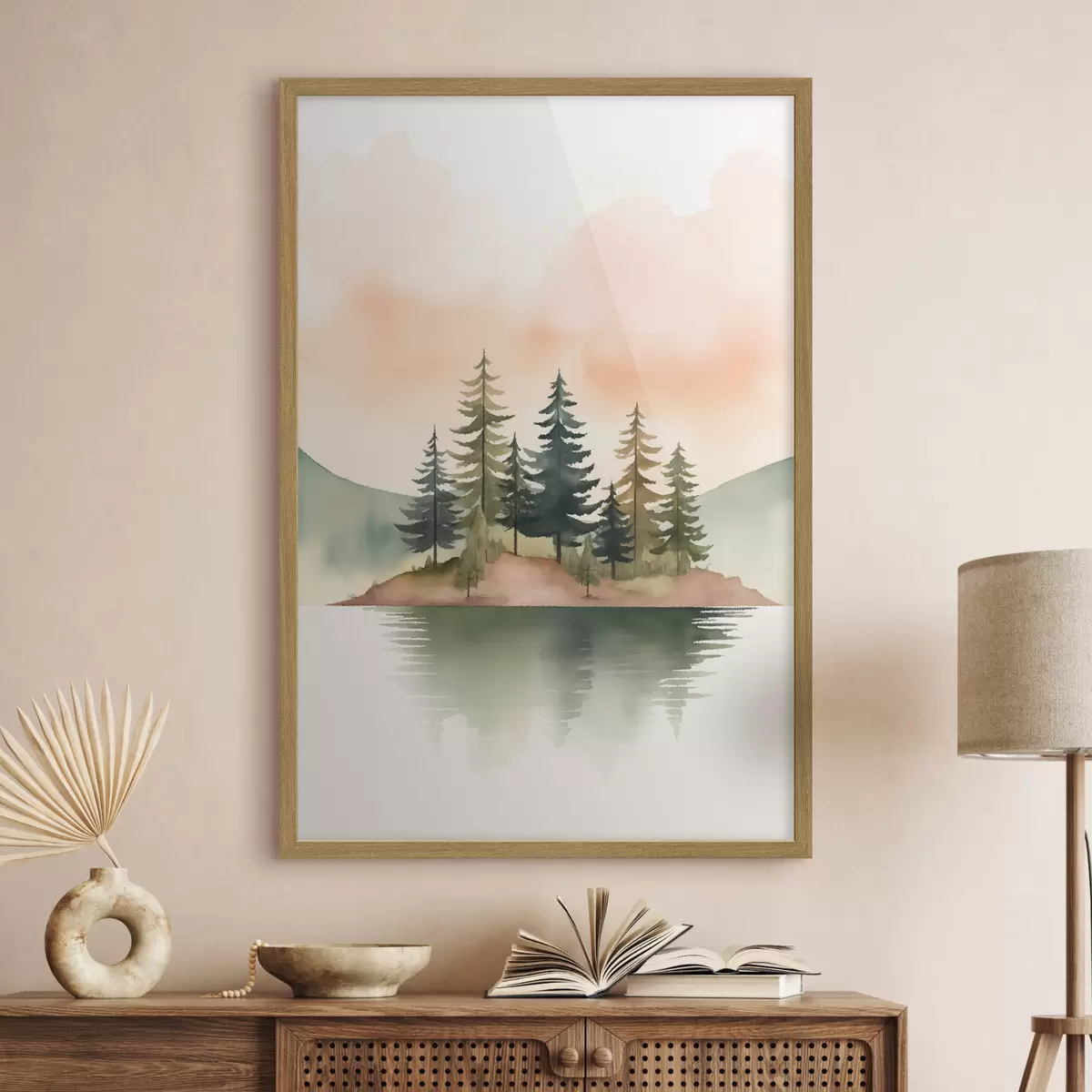 Poster Pinos acuarelados en un islote brumoso, cielo suave color melocotón f46505