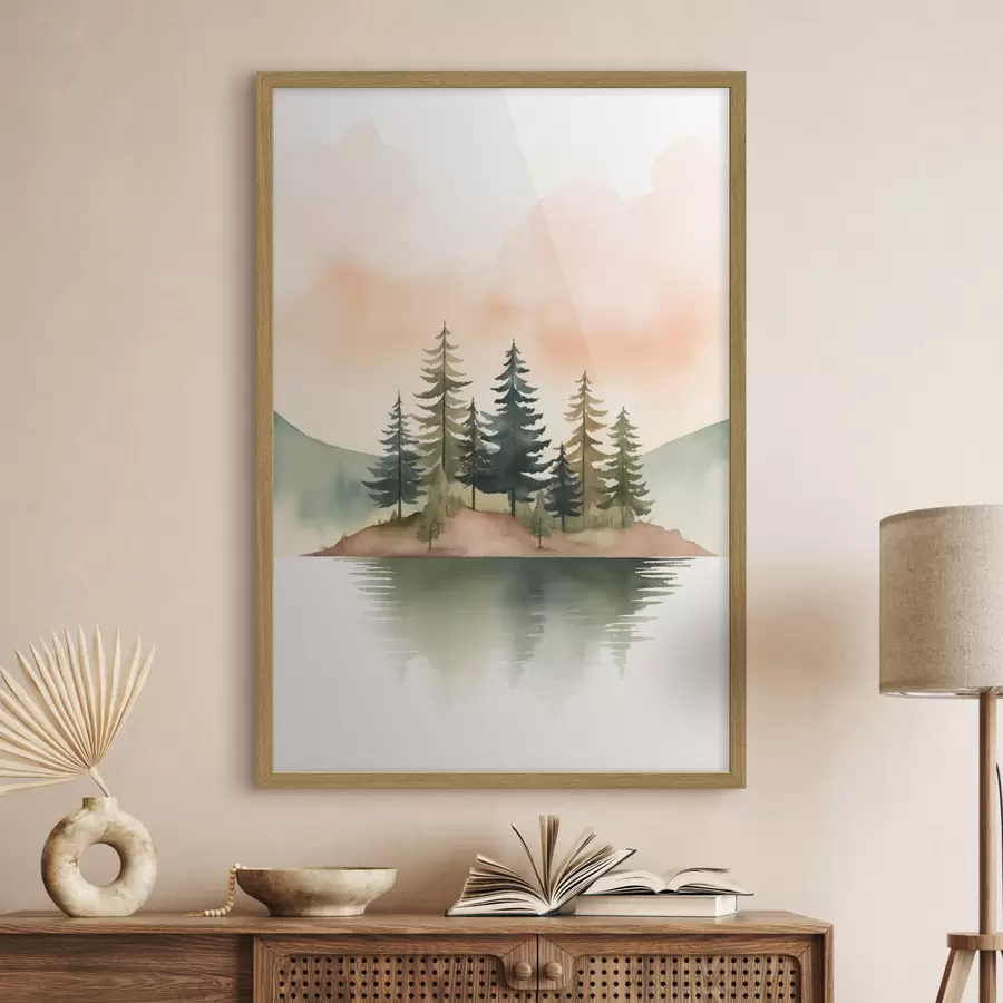 murales de pared Pinos acuarelados en un islote brumoso, cielo suave color melocotón f46505