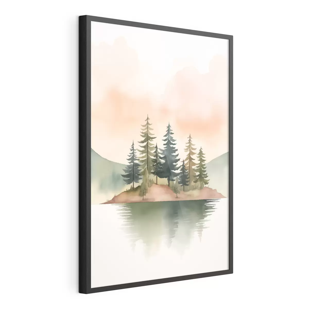 Poster Pinos acuarelados en un islote brumoso, cielo suave color melocotón f46505