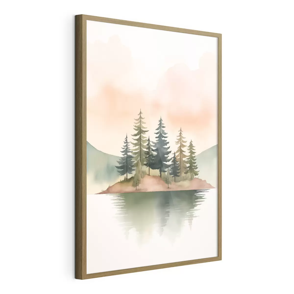 Poster Pinos acuarelados en un islote brumoso, cielo suave color melocotón f46505