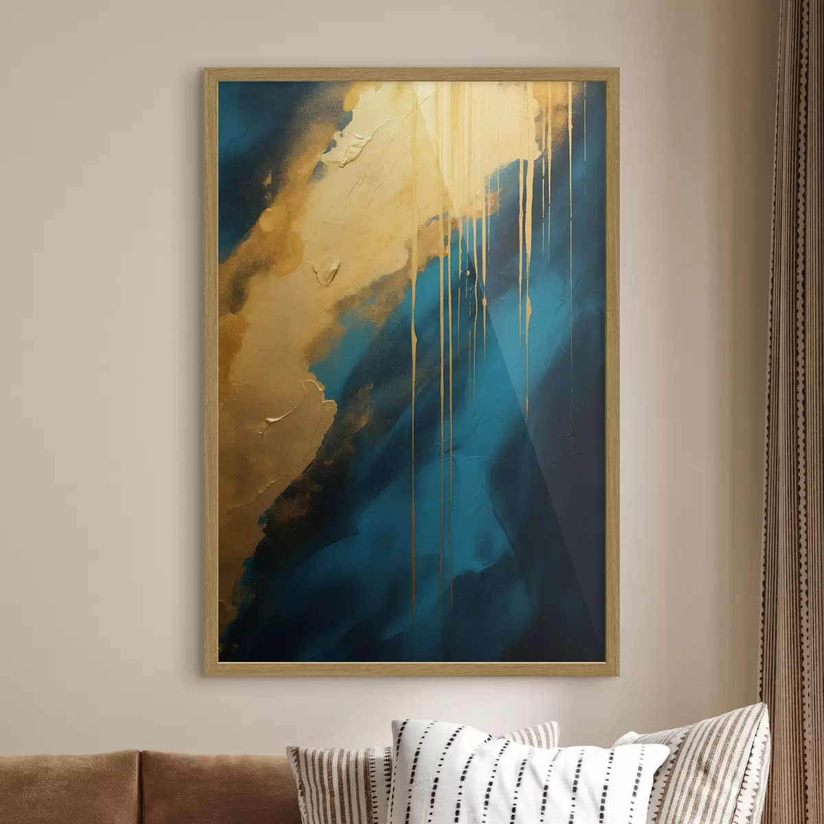 Poster Abstracto en verde azulado y azul intenso con reflejos cálidos fluidos f46509
