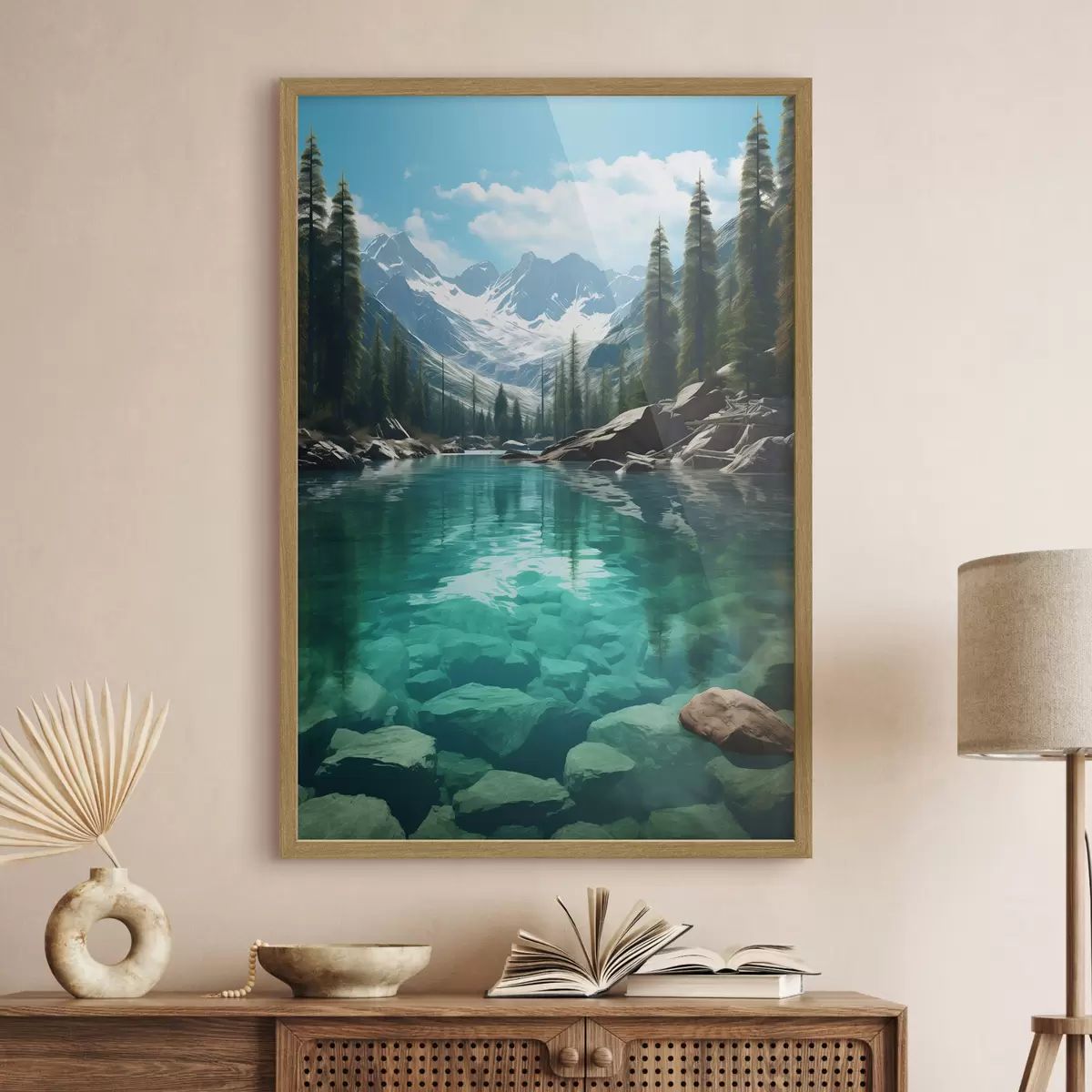 Poster Río alpino cristalino con lecho rocoso y picos nevados f46514