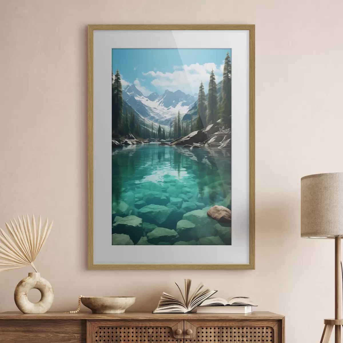 Poster Río alpino cristalino con lecho rocoso y picos nevados f46514