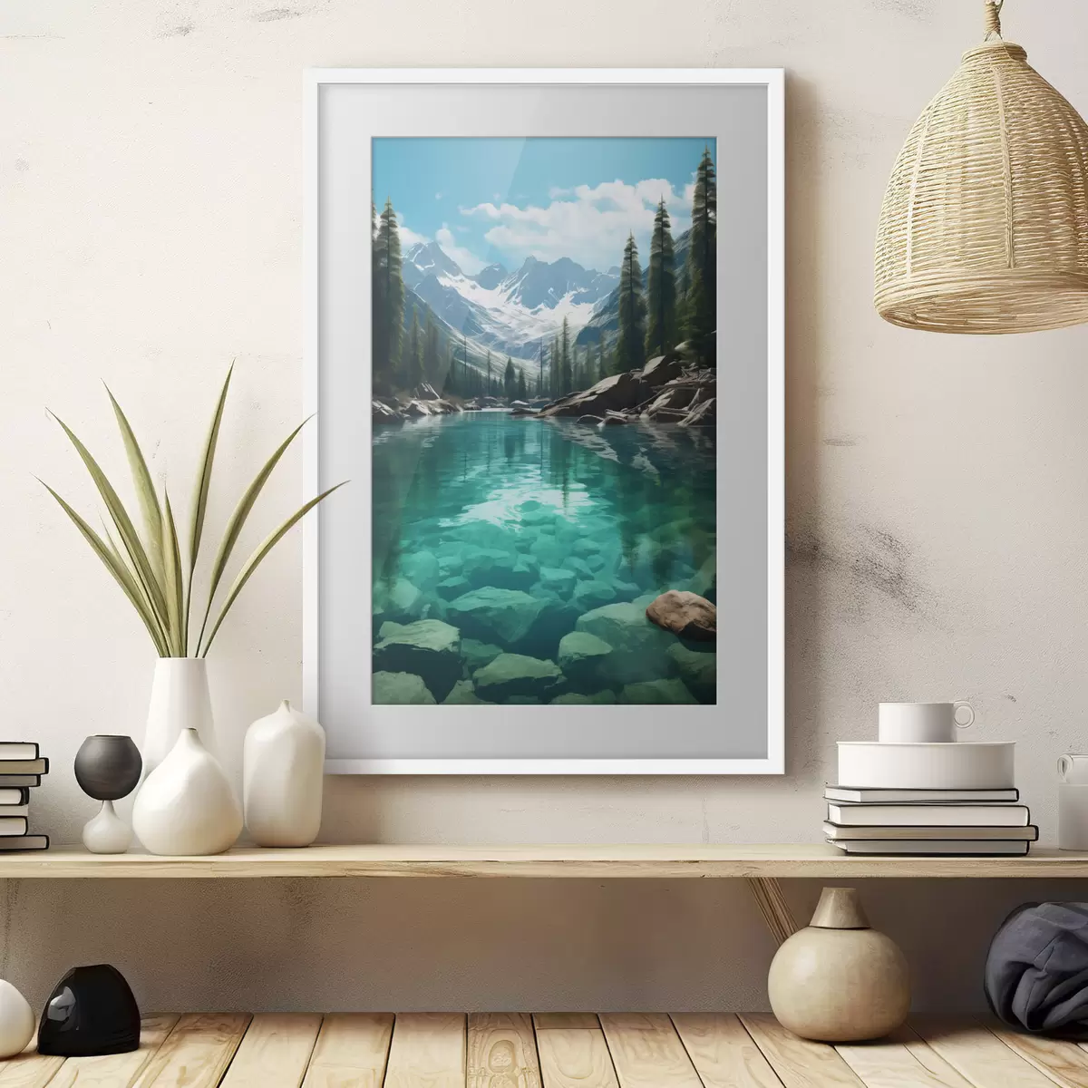 Poster Río alpino cristalino con lecho rocoso y picos nevados f46514