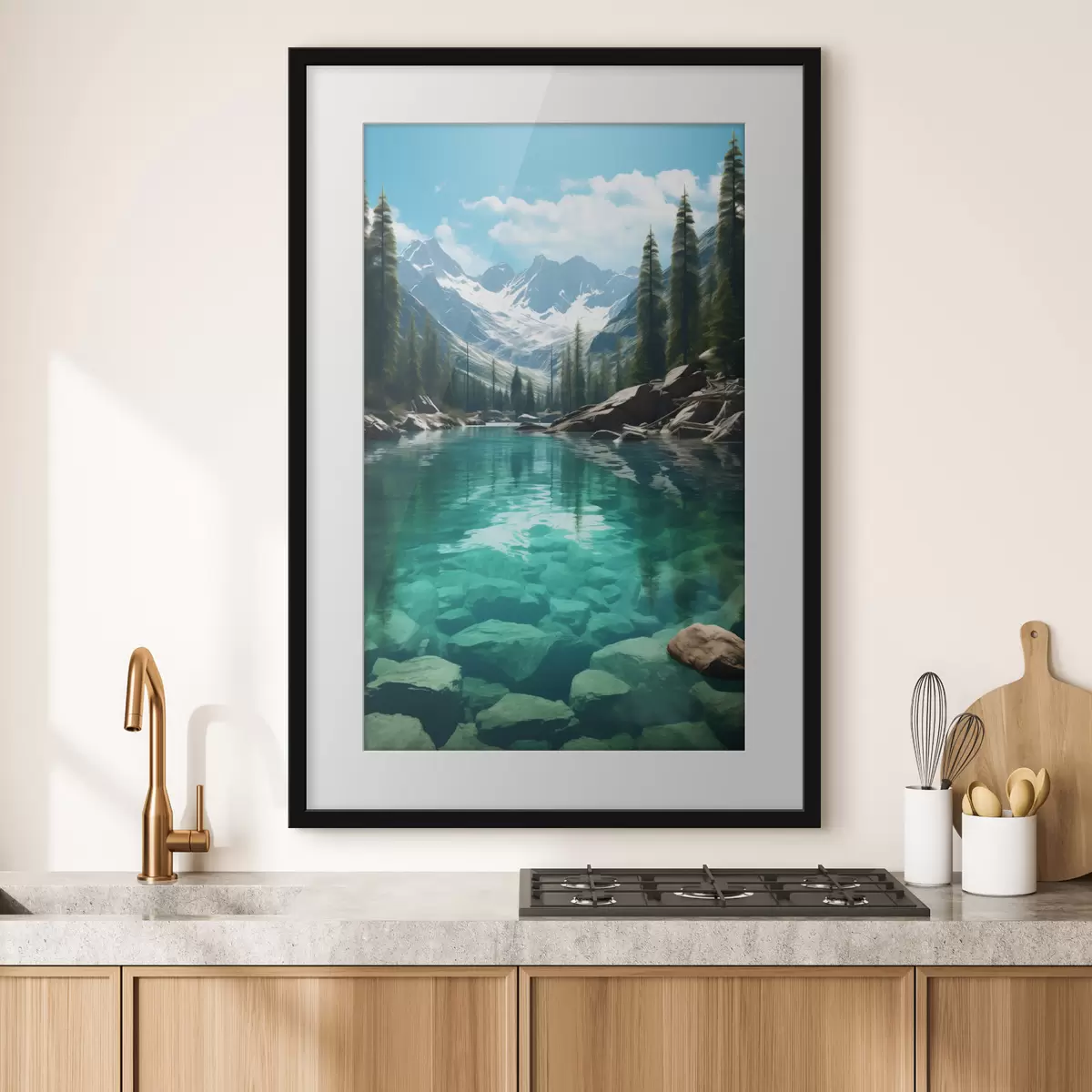 Poster Río alpino cristalino con lecho rocoso y picos nevados f46514